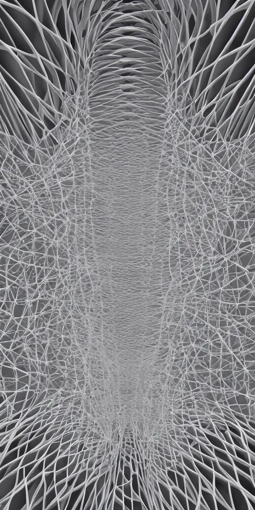 Image similar to awe symmetrical highly sophisticated highly intricated generative flow fields curve ornate network wood Sagrada Familia ceiling continuous landscape flow, dezeen, Zaha Hadid, hyper realistic pastel light gray dark gray and white, ultra detailed, parametric architecture, 8k, epic cinematic detailed, 3D