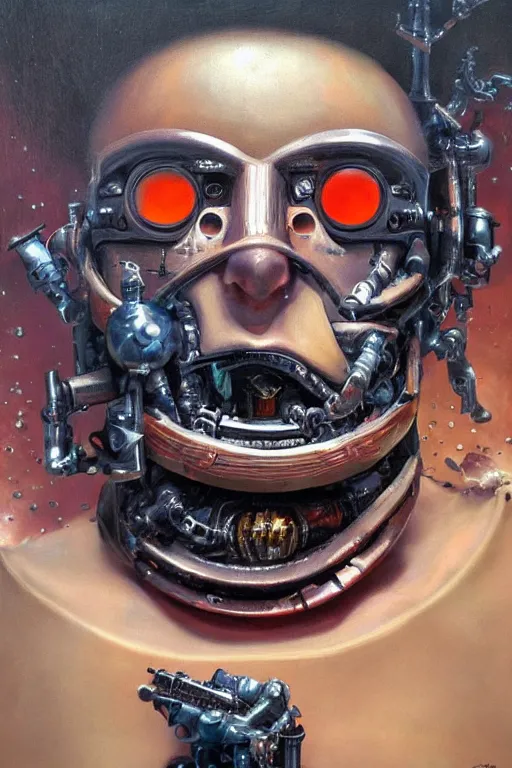 Image similar to oil painting, close-up, hight detailed, melting cyborg at red planet, in style of 80s sci-fi art, neodada