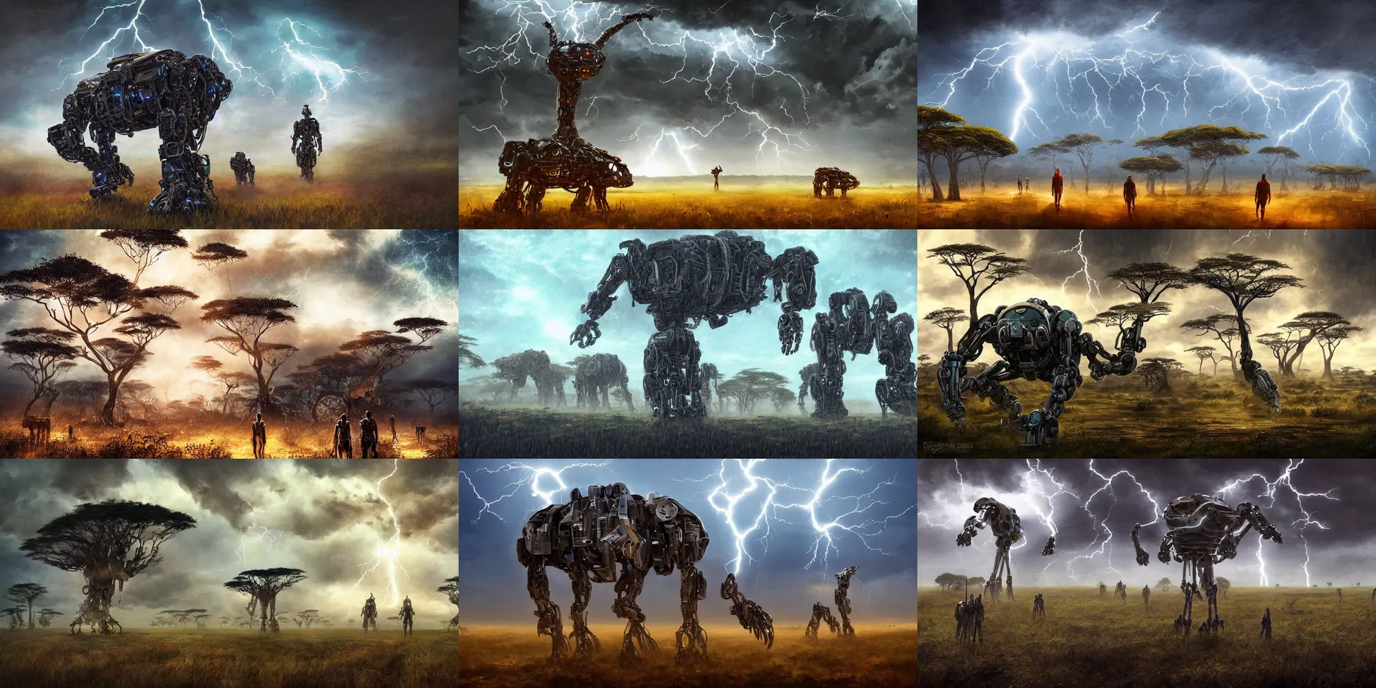 Prompt: giant mechanical robot wildlife walking on the african plains, futuristic robot organisms, digital matt painting, fantasy art, another world, acacia trees, dramatic lighting, lightning, heavy rain