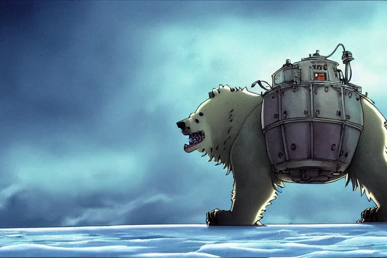 Prompt: cell shaded cartoon of a giant lovecraftian mechanized polar bear from howl's moving castle ( 2 0 0 4 ), on an icy road in the mist, full body, wide shot, very muted colors, post grunge, studio ghibli, highly detailed, deviantart, art by artgem