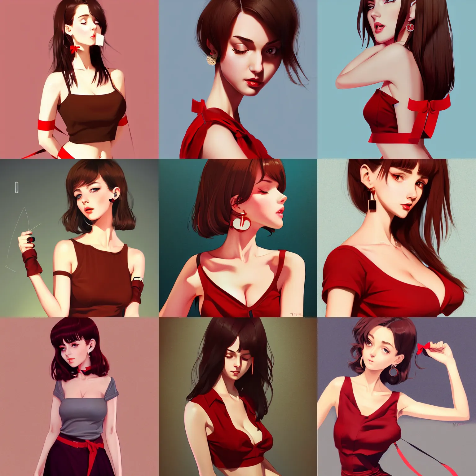 Prompt: sexy girl in a low cut blouse and short skirt, seductive pose, shoulder-length brown hair, red ribbon, cute earrings. highly detailed, digital painting, concept art, in the style of ilya kuvshinov, high definition digital art