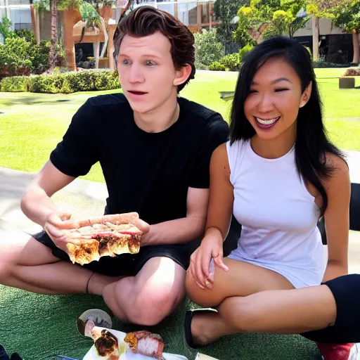 Image similar to Tom Holland eating spam musubi with a beautiful Filipina girl at Chapman University