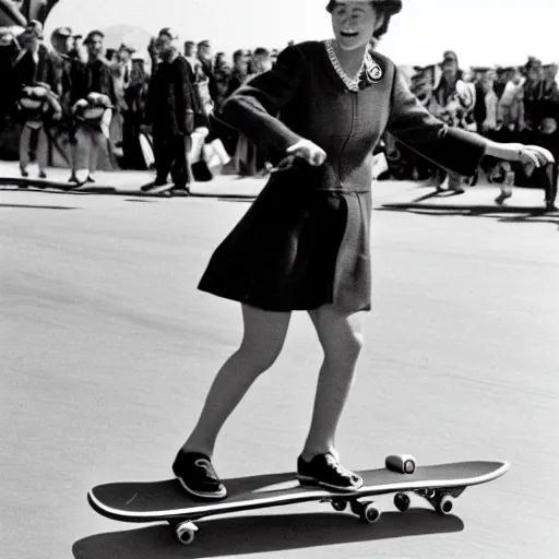 Image similar to queen elizabeth riding a skateboard