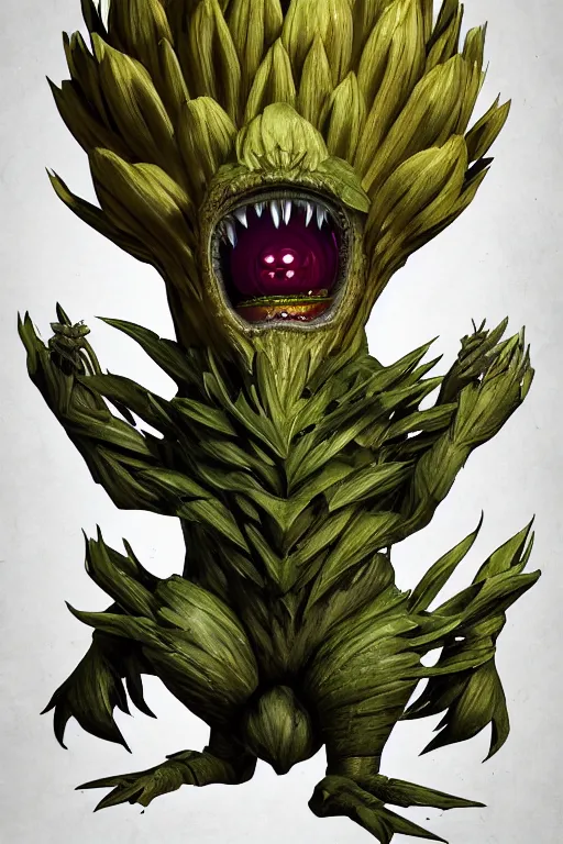 Image similar to a humanoid figure artichoke monster with large sphere eyes and a voracious mouth, highly detailed, digital art, sharp focus, trending on art station, plant, anime art style