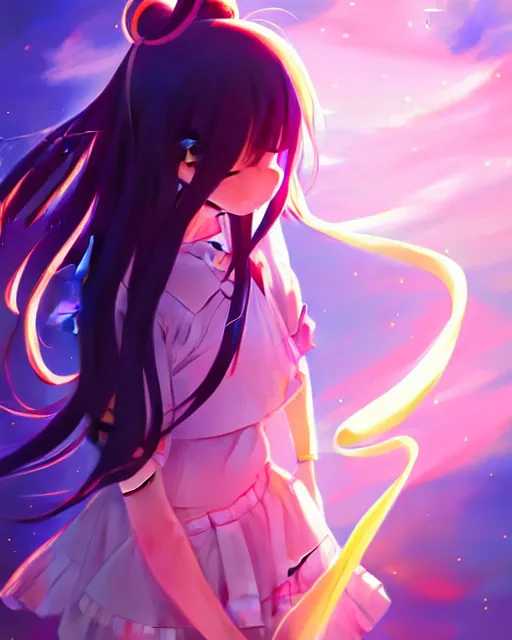 Image similar to anime style, vivid, expressive, full body, 4 k, painting, a cute magical girl with a long wavy black hair, stunning, realistic light and shadow effects, centered, simple background, studio ghibly makoto shinkai yuji yamaguchi