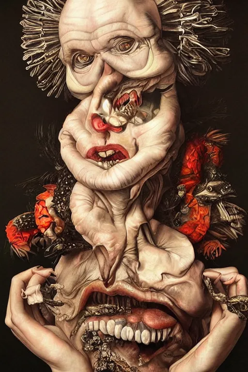 Image similar to Detailed maximalist portrait with large lips and with large white eyes, angry, exasperated expression, extra fleshy hands, HD mixed media, 3D collage, highly detailed and intricate, surreal illustration in the style of Caravaggio, dark art, baroque