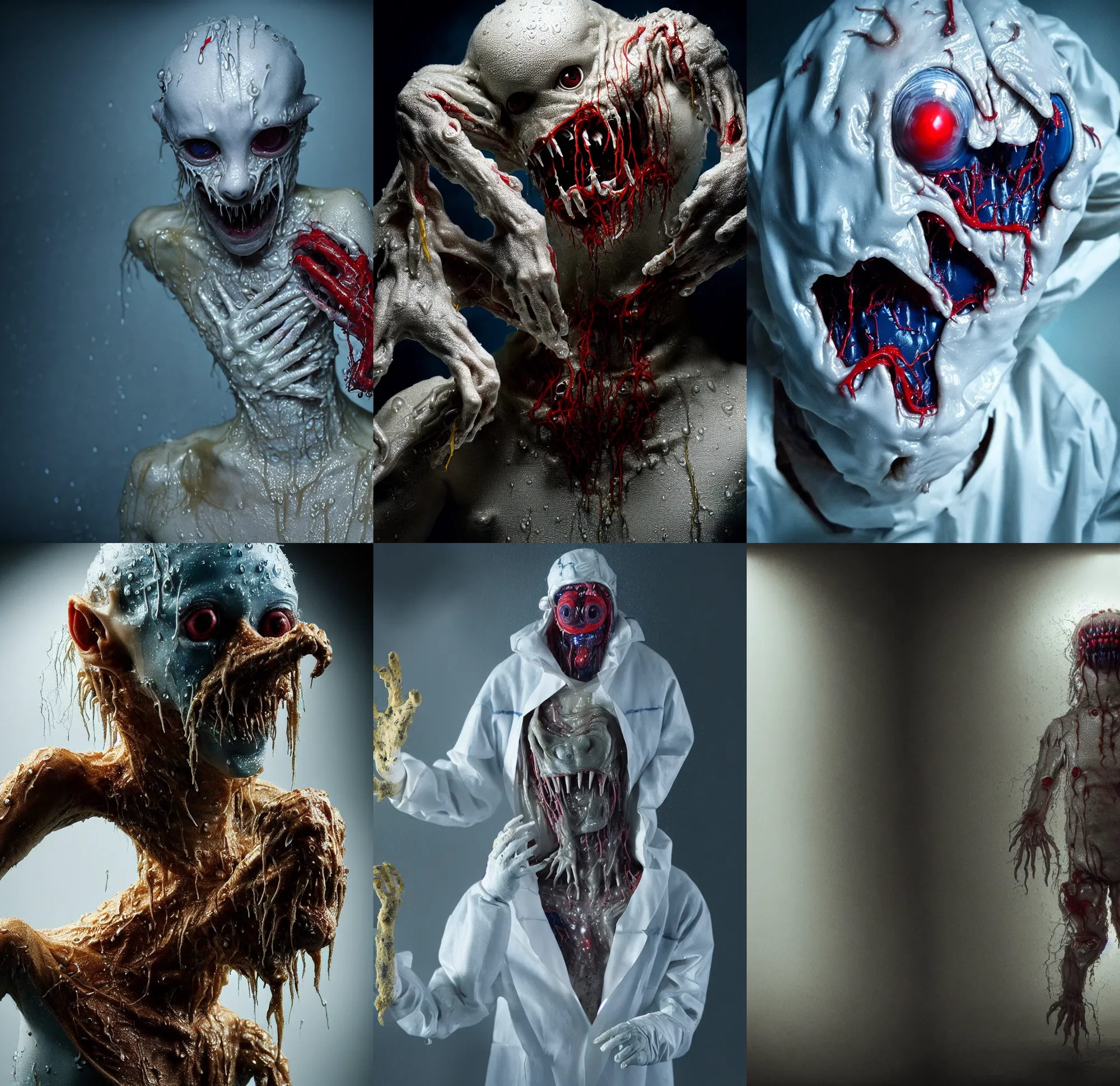 Prompt: a wet skin creature in broken laboratory protective clothing under stage light, crawling humanoid monsters, saliva, membrane pregnancy sac, respiratory flap, super realism, claws, octane rendering, cinematic. white, grey blue and golden red color scheme. medium shot, 2 4 mm, lens dust, labcoats, david fincher, james wan, gritty, moody, eerie, dark arts