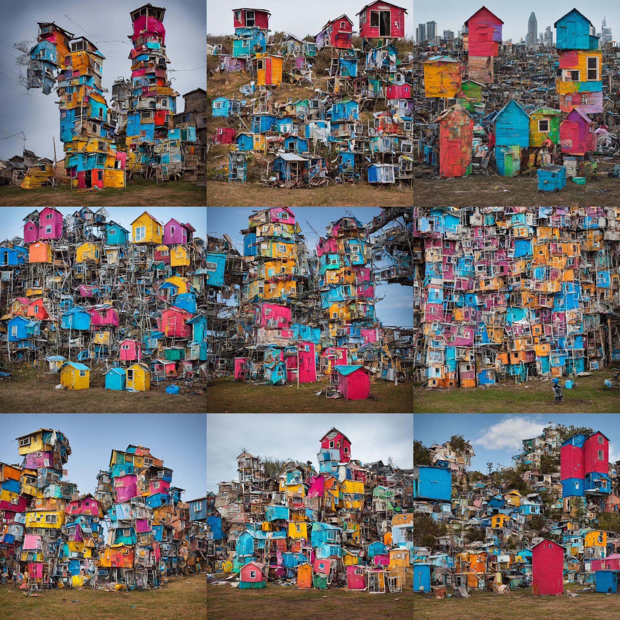 Prompt: a tower made up of colourful makeshift squatter shacks, dystopia, sony a 7 r 3, f 1 1, fully frontal view, photographed by julie blackmon