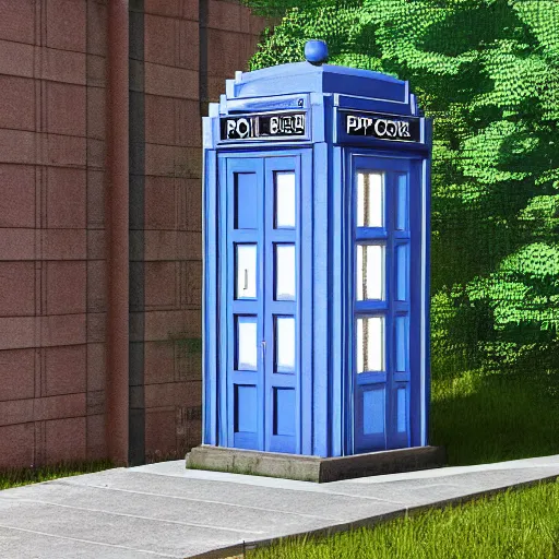 Image similar to a 1 8 2 9 police box is shown on a transparent background, a digital rendering by richard wilson, artstation, photorealism, physically based rendering, rendered in maya, made of wood