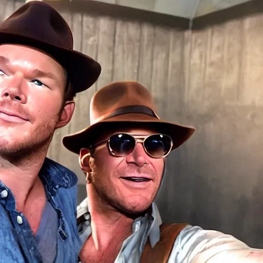 Image similar to chris pratt as indiana jones taking a selfie with harrison ford, instagram, cinematic, natural lighting, genuine smile