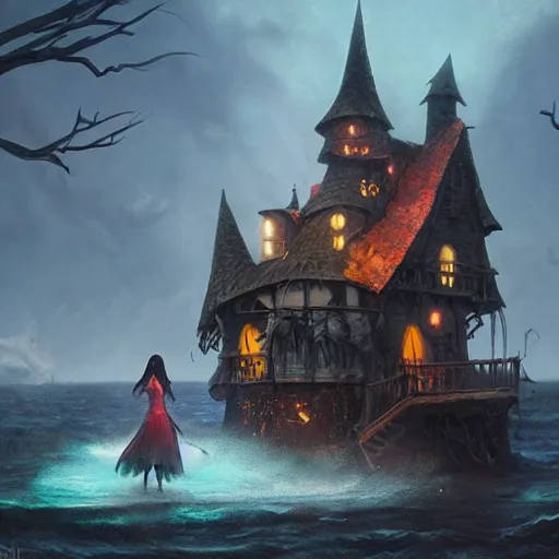 Image similar to a scary witch in front of a witch house made out of candy, floating on the ocean, epic scene, fantasy, cinematic, hyper - detailed, in the style of greg rutkowski
