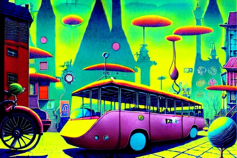Image similar to surreal glimpse into other universe, city transportation by tesla incorporation, summer morning, very coherent and colorful high contrast, art by!!!! gediminas pranckevicius!!!!, geof darrow, floralpunk screen printing woodblock, dark shadows, hard lighting, stipple brush technique,