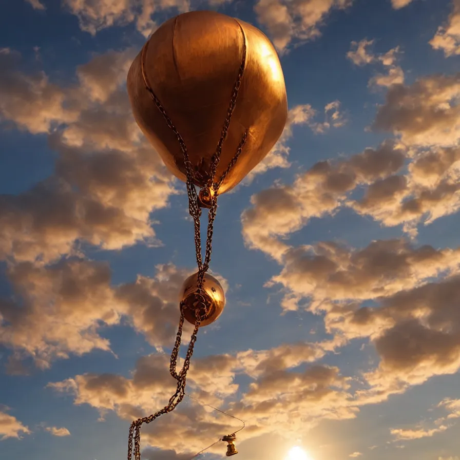 Image similar to beautiful blimps! high in the sky, copper chains hanging from the edges, ( ( steampunk styled ) ), golden hour, steam clouds, clouds, award winning photography, highly detailed, low poly, extremely wide angle