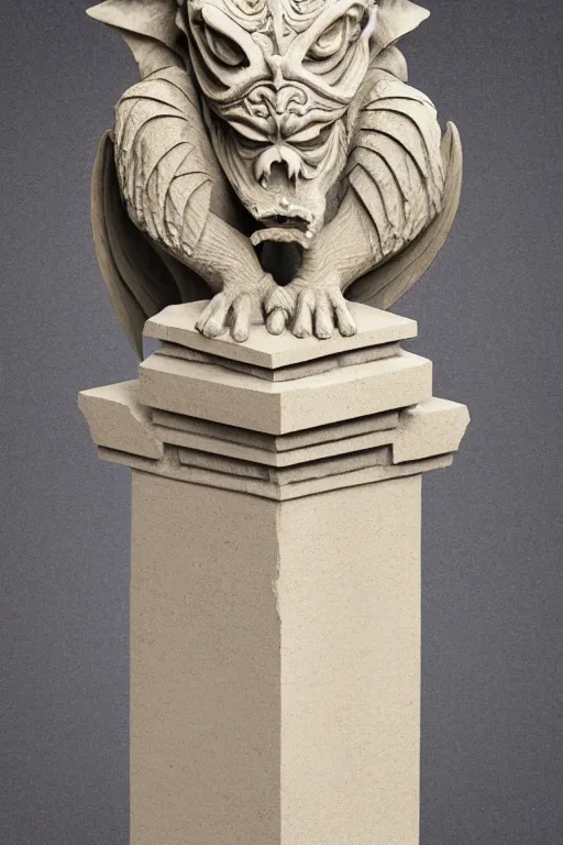 Image similar to ortographic view of a stone sculpture of a gargoyle sitting on a pedestal with intricate carvings and fine detail