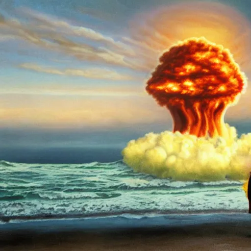 Prompt: a skeleton walking on a beach next to the ocean with nuclear bomb explosion in the background, a naturalism painting by Storm Thorgerson, featured on cg society, matte painting, realistic, chillwave, anatomically correct, light colors, photo-realistic mushroom-cloud in the background