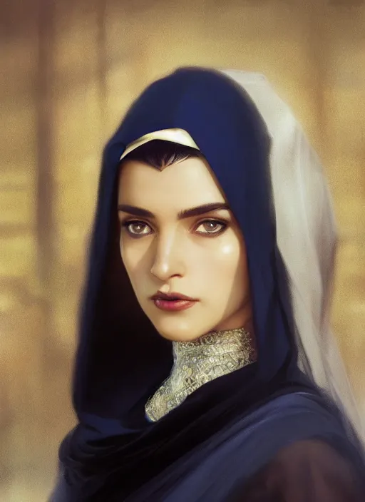 Image similar to a Photorealistic dramatic hyperrealistic render of an arab ameera al taweel, blue eyes, black hair, white veil,by WLOP,Artgerm,Greg Rutkowski,Alphonse Mucha, Beautiful dynamic dramatic dark moody lighting,shadows,cinematic atmosphere,Artstation,concept design art,Octane render,8K