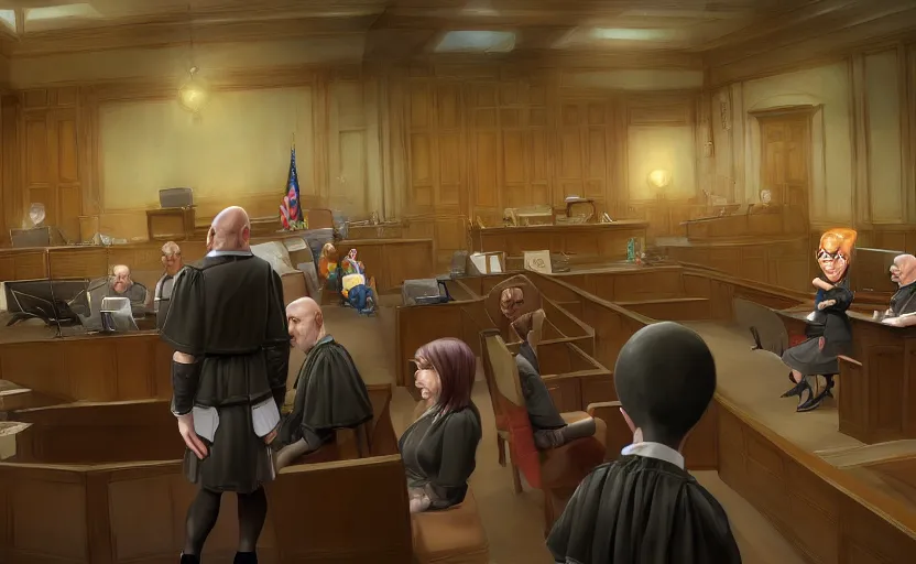 Image similar to courtroom, trial of a bald man! in a skirt! and black stockings!!, no blur, 4 k resolution, ultra detailed, style of marc simonetti, tyler edlin, deviantart