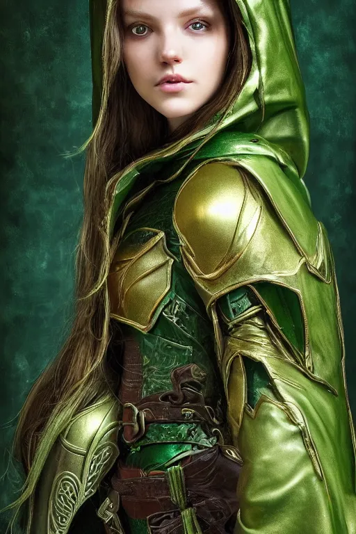 Image similar to a beautiful photo of a young woman, green elf ranger with long flowing hair and a green leather hood, elf ranger leather armor with olive green and brown colors and gold lining, young female face, cinematic top lighting, insanely detailed and intricate, face by wlop, Charlie Bowater, designs by zhelong xu and gustave doré, golden ratio, symmetric, elegant, ornate, luxury, elite, matte painting, cinematic, trending on artstation, deviantart and cgsociety, 8k, high resolution