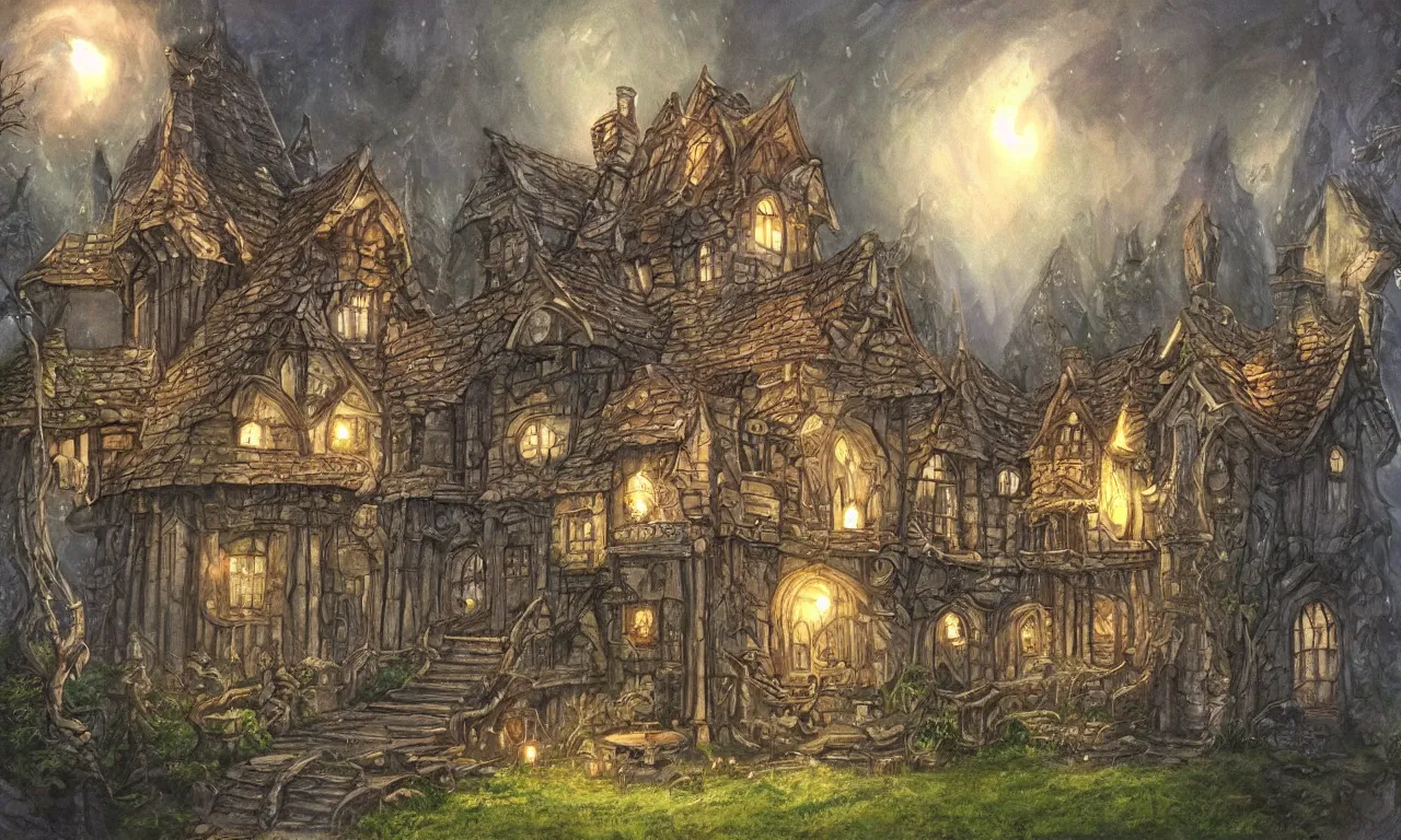 Image similar to bandoned magic wizard\'s house. Fantasy art