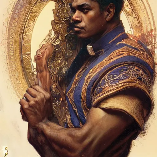 Image similar to brown-skinned male priest, fantasy, powerful, elegant, intricate, beautiful lighting, by Stanley Artgerm Lau, greg rutkowski, thomas kindkade, alphonse mucha, loish, norman Rockwell