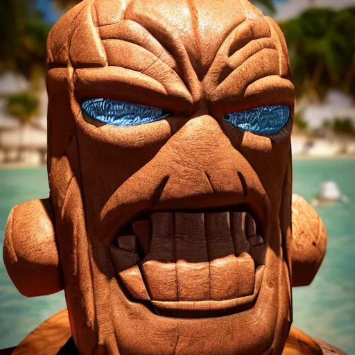 Image similar to a closeup photorealistic photograph of ben grimm's face on a tiki mug at trader vic's beach bar. fantastic four. tiki culture. bright scene. fine detail. this 4 k hd image is trending on artstation, featured on behance, well - rendered, extra crisp, features intricate detail, epic composition and the style of unreal engine.