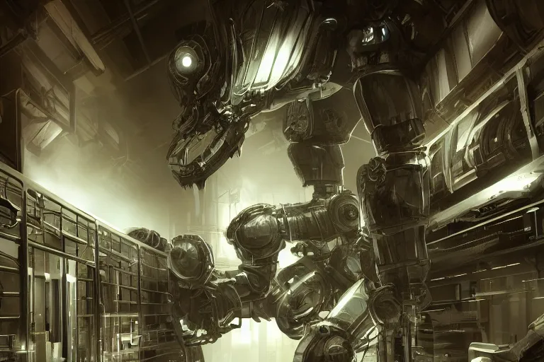 Image similar to robosaurus parallax datacenter server room interior single mono colossus white rusty robot sitting artstation cinematic detailed concept art volumetric light sharp coherent cgsociety symmetric perfect well balanced shadows lotr technogoddess