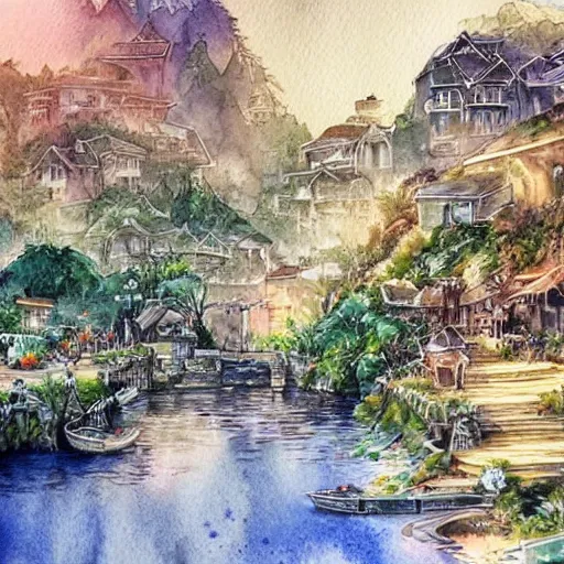 Image similar to Beautiful happy picturesque charming sci-fi town in harmony with nature. Beautiful light. Water and plants. Nice colour scheme, soft warm colour. Beautiful detailed artistic watercolor by Lurid. (2022)