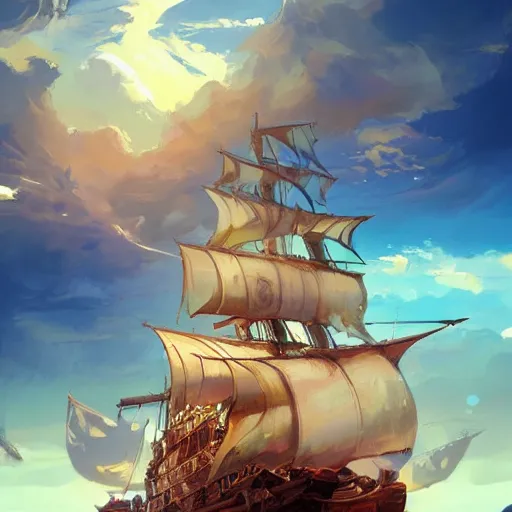 Image similar to a large pirate ship floating on top of a body of water, pirates flag, cgsociety, fantasy art, 2 d game art, concept art, heavenly lighting, retrowave, behance hd, concept art by jesper ejsing, by rhads, makoto shinkai cyril rolando, madgwick, cory loftis, sylvain sarrailh