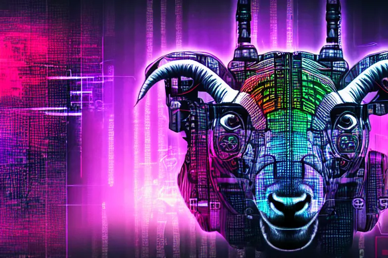 Image similar to complex cyberpunk machine background merged with evil cybernetic goat head in center focus, multicolored digital art