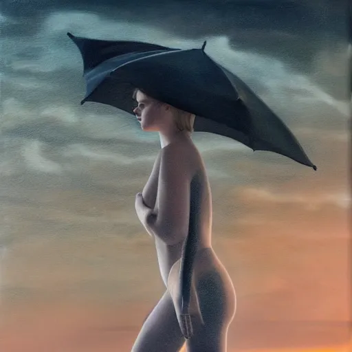 Prompt: silhouette of Elle Fanning on a beach, stormy weather, extremely detailed realist masterpiece, oil on canvas, low-key neon lighting, artstation, Blade Runner 2049, Roger Deakin’s cinematography, by J. C. Leyendecker and Peter Paul Rubens,
