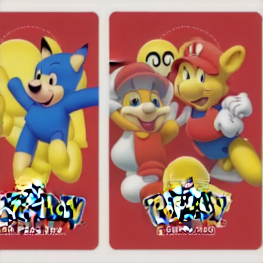 Image similar to photograph of winnie the pooh and super mario and sonic the hedgehog anime style, on pokemon card packs at target