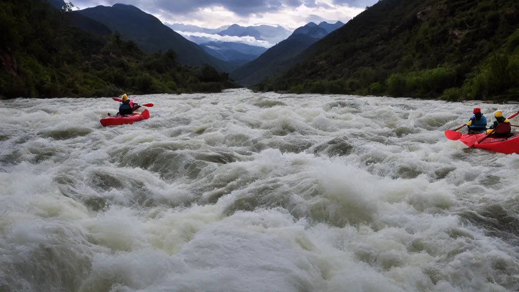 Prompt: a huge river with raging white water, mountains in the background, two kayakers navigating the rapids, epic lighting