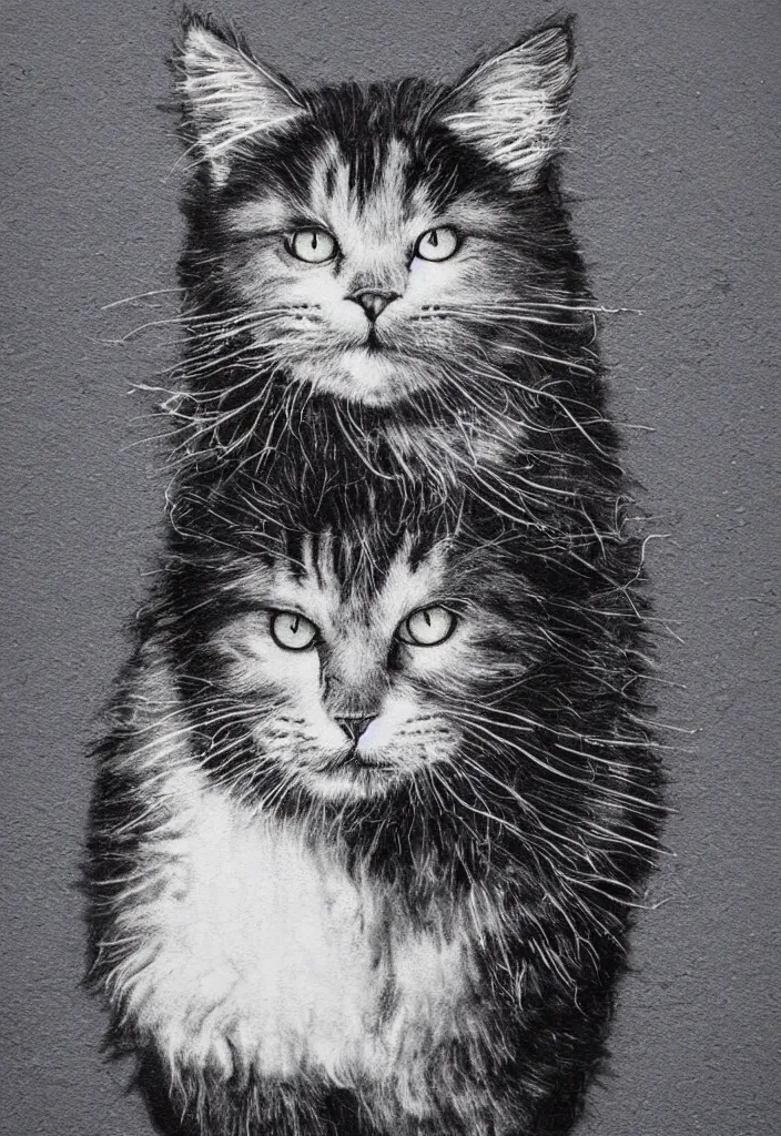 Image similar to fluffy cat with afro comb t - shirt design, by jules julien, dark grisaille monochrome neon spraypaint, ironic surrealism, hypebeast