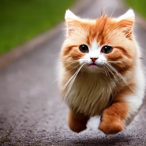 Image similar to cute chibi adorable beautiful kawaii munchkin cat running after postman, professional food photography