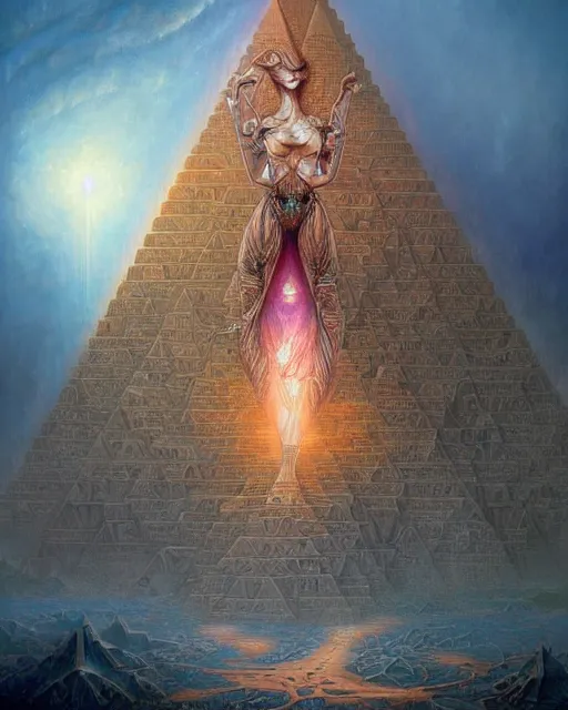 Image similar to inside a fractal pyramid made of pyramids and eyes fantasy character portrait, ultra realistic, wide angle, intricate details, blade runner artifacts, highly detailed by peter mohrbacher, boris vallejo, hajime sorayama aaron horkey, gaston bussiere, craig mullins