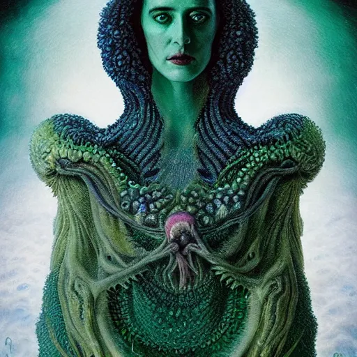 Image similar to cosmic horror eldritch lovecraftian close up portrait of eva green as the emerald queen of feathers by wayne barlowe, agostino arrivabene, denis forkas