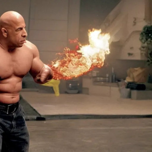 Image similar to Action scene from Mr. Clean with Mr. Clean played by Vin Diesel. Vin Diesel attempts to clean the floor despite multiple explosions and shots. Cinematic, technicolor, crisped colors, highly intricate