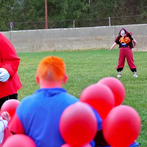 Image similar to Pennywise the clown coaching a girls' little league team.