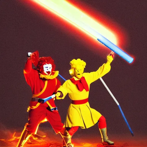 Prompt: ronald mcdonald and burger king dueling it out on mount doom with lightsabers