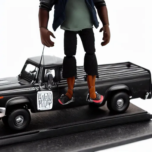 Image similar to black man action figure with dreads standing on top of a black rc pickup truck, close up photograph, white background