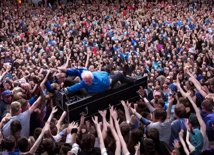 Image similar to publicity photo still of bernie sanders crowd surfing live on stage, 8 k, live concert lighting, mid shot
