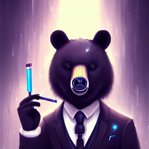 Prompt: a black bear wearing a suit and tie with a cigarette in his mouth, cyberpunk art by Cyril Rolando, featured on deviantart, furry art, furaffinity, smokey background, digital painting