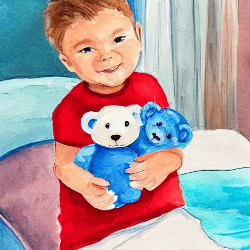 Image similar to little kid with red shirt in his room holding teddy bear in style ofwater colors illustration