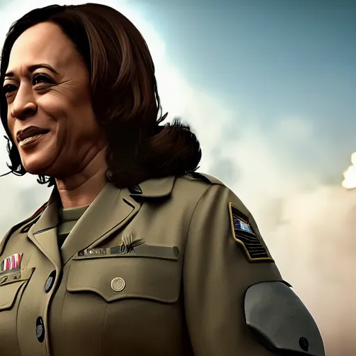 Image similar to kamala harris as a soldier on d - day, intricate detail, volumetric lighting, epic composition, hyper detailed, ultra realistic, sharp focus, octane render, volumetric, ray tracing, sense of awe, swirling mist, 4 k