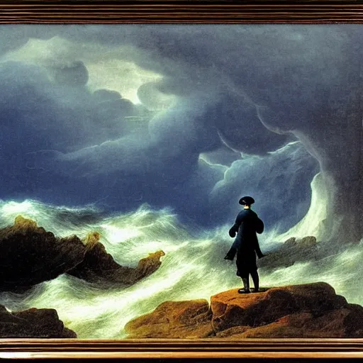 Image similar to Captain looking out over a raging storm, romanticism, by Caspar Friedrich