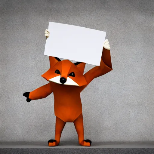 Prompt: a fox holding up a blank sign, digital art, unreal engine, blender