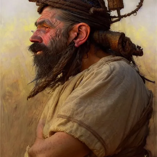 Prompt: highly detailed portrait of a poor town peasant in the form of a beautiful male dwarf with beard. d & d. art by donato giancola, eugene delacroix, ruan jia, carl larsson, peter mohrbacher. trending on artstation, intricate details, energetic composition, fantasy, concept art, illustration, elegant art, global illuminaition