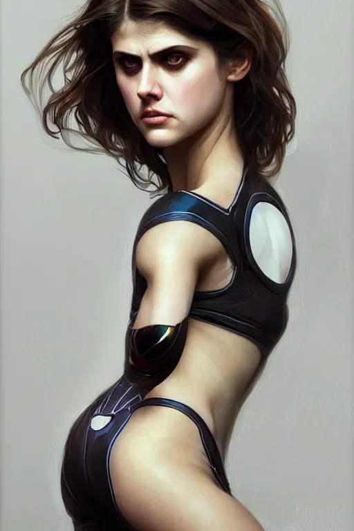 Image similar to alexandra daddario as spider girl, realistic portrait, symmetrical, highly detailed, digital painting, artstation, concept art, smooth, sharp focus, illustration, cinematic lighting, art by artgerm and greg rutkowski and alphonse mucha