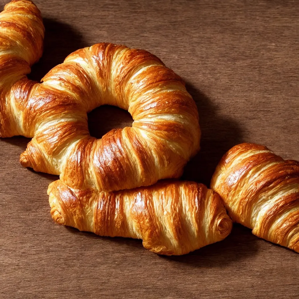 Image similar to close-up photo of a croissant on top of a wooden table, 8k, high detail, photorealistic, proper shading