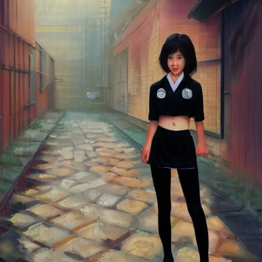 Image similar to a perfect, realistic professional 80s oil painting of a Japanese schoolgirl posing in a dystopian alleyway, style of Marvel, full length, by a professional American senior artist on ArtStation, a high-quality hollywood-style concept